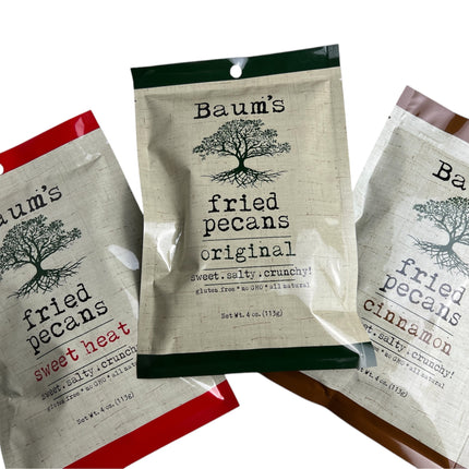 Baum's Fried Pecans. Sweet. Salty. Crunchy.